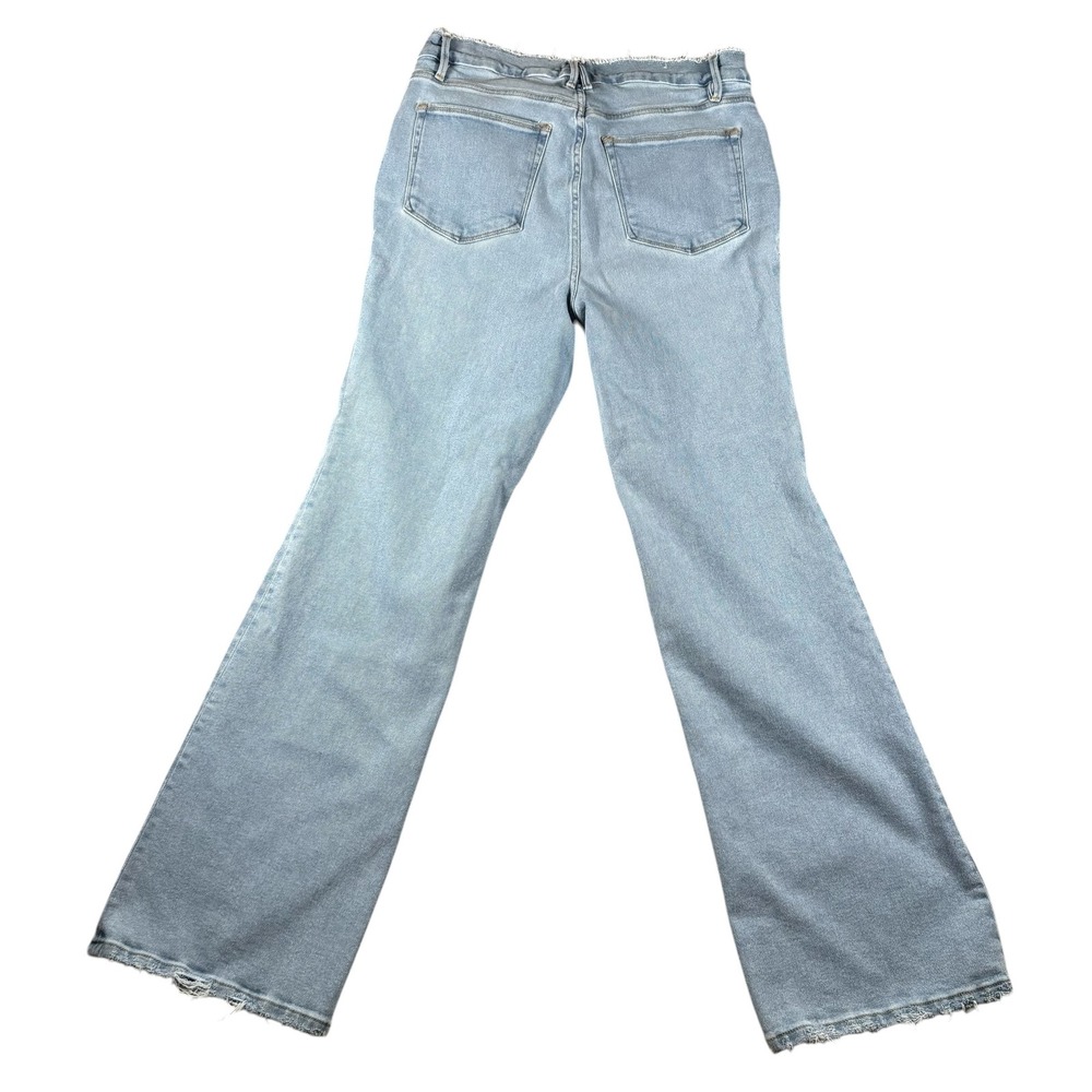 Good American Light Wash High Rise Flare Jeans Raw Hem Sz 16 Blue Denim festival - Picture 3 of 10